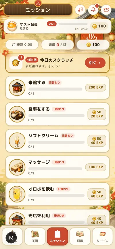 ミッション画面。来館する・食事をするなど日替わりの目標と、獲得できる経験値が並んでいる